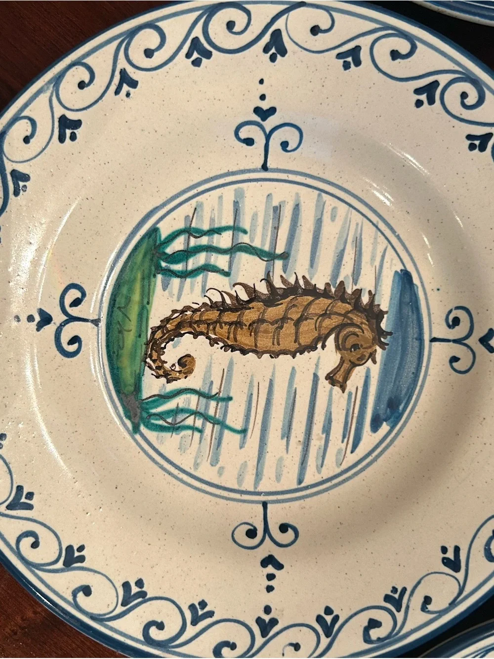 Three Hand-Painted Ceramics Fish Plate in Blue and Orange